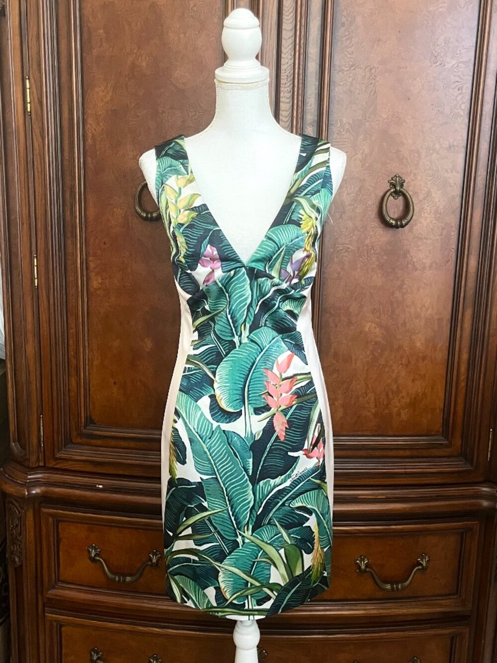 Just Cavalli White Green Tropical Palm Print V-Neck Sheath Mini Dress IT46